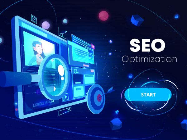 imagen que en el lado izquierdo tiene una pantalla con iconos que sobresalen, en el lado derecho de la imagen el titulo SEO optimization